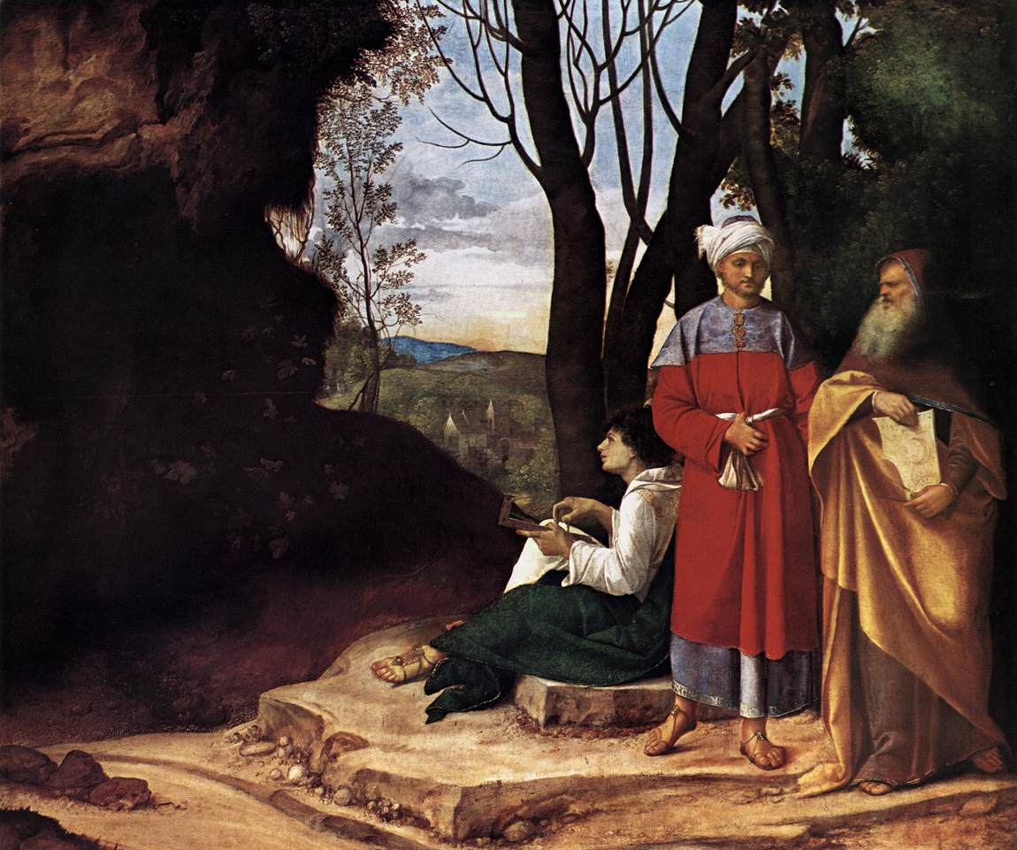 Les trois philosophes de Giorgione (Ce tableau à interpréter comme toutes les œuvres de Giorgione illustre pour l’article en question le passé de la tradition, le présent de la doxa et l’avenir de l’innovation (représenté par le jeune Pic de la Mirandole avec son équerre etc. ?). 